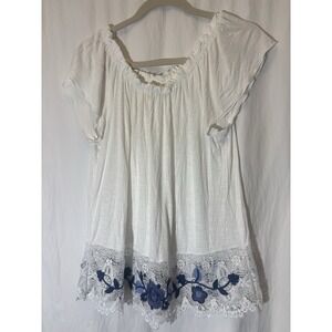ADIVA White Blue Floral flutter sleeve Eyelet Blouse Top‎ Sz M HH13